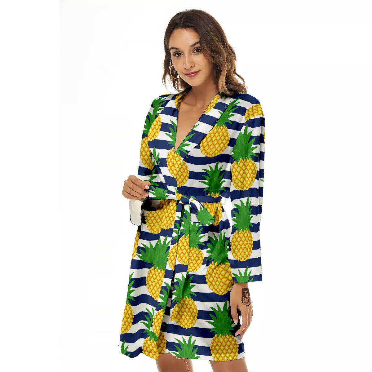 Striped Pineapple Print Pattern Women's Robe-grizzshop