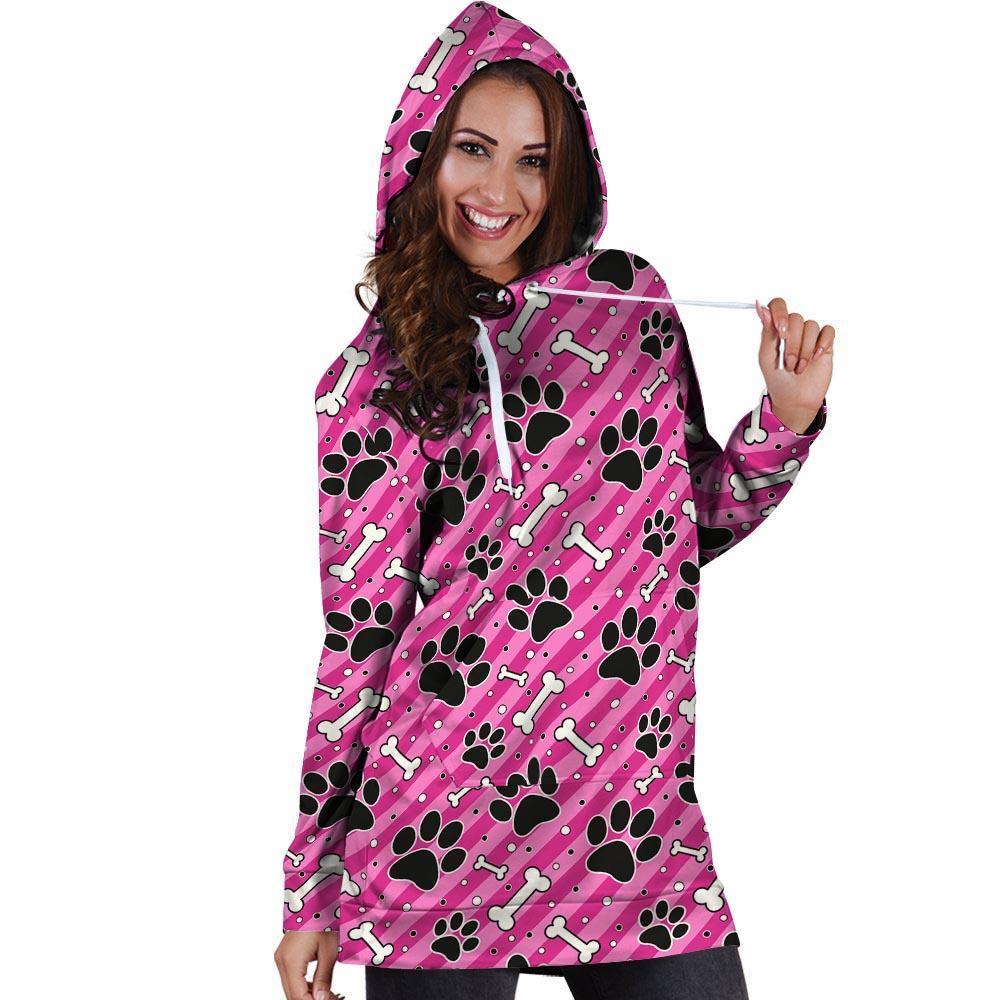 Striped Pink Paw Hoodie Dress-grizzshop