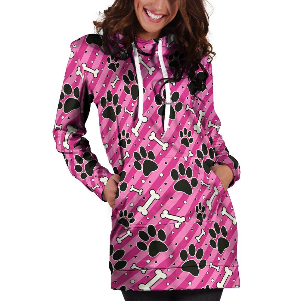 Striped Pink Paw Hoodie Dress-grizzshop