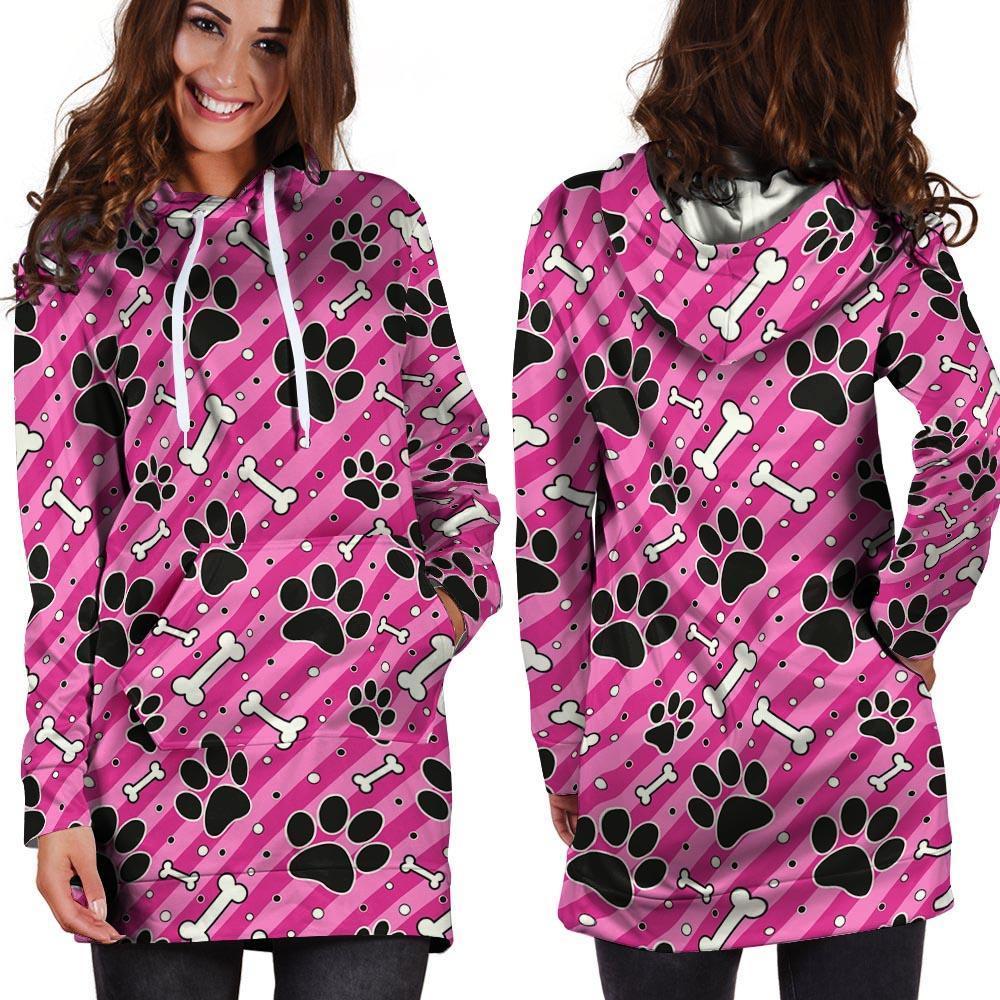 Striped Pink Paw Hoodie Dress-grizzshop