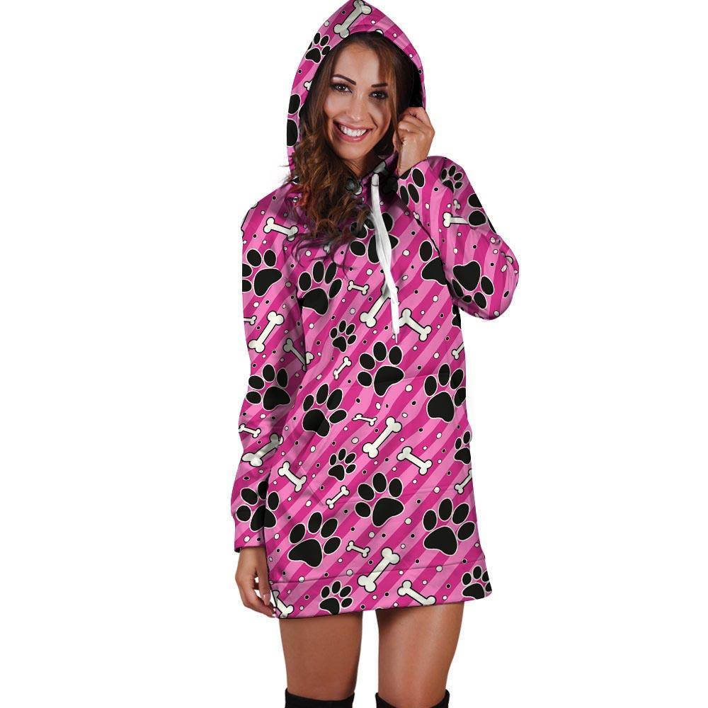 Striped Pink Paw Hoodie Dress-grizzshop