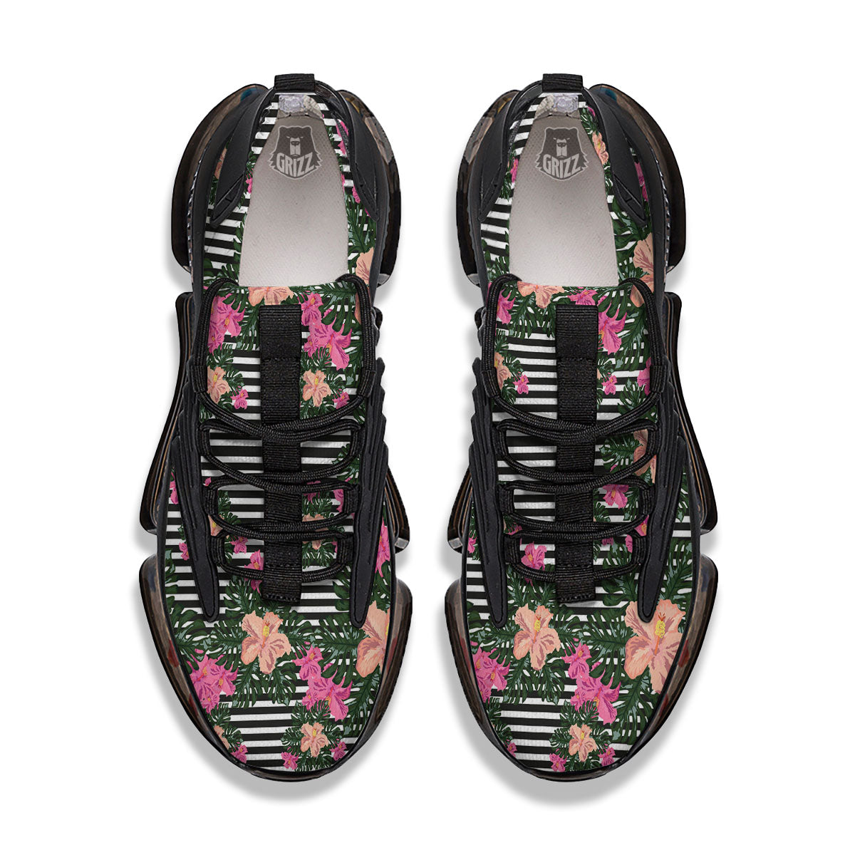 Striped Plumeria Flower Print Pattern Black Gym Shoes-grizzshop