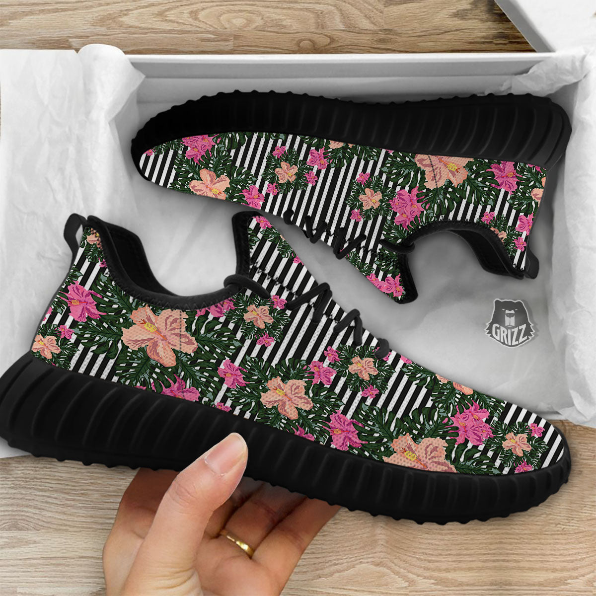 Striped Plumeria Flower Print Pattern Black Walking Shoes-grizzshop