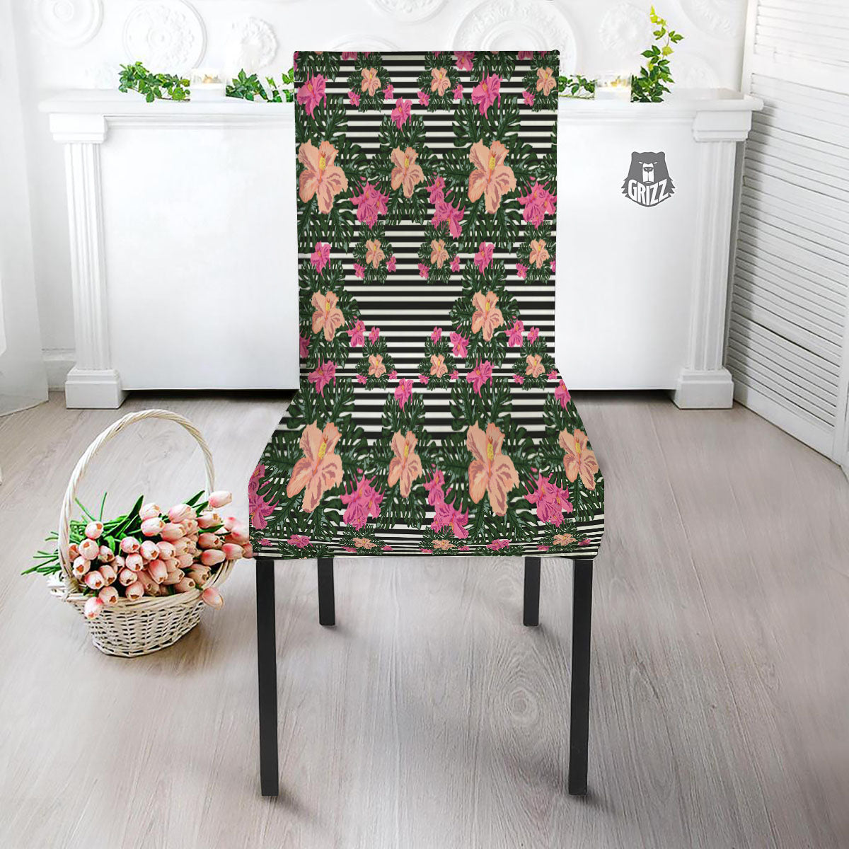 Striped Plumeria Flower Print Pattern Dining Chair Slipcover-grizzshop