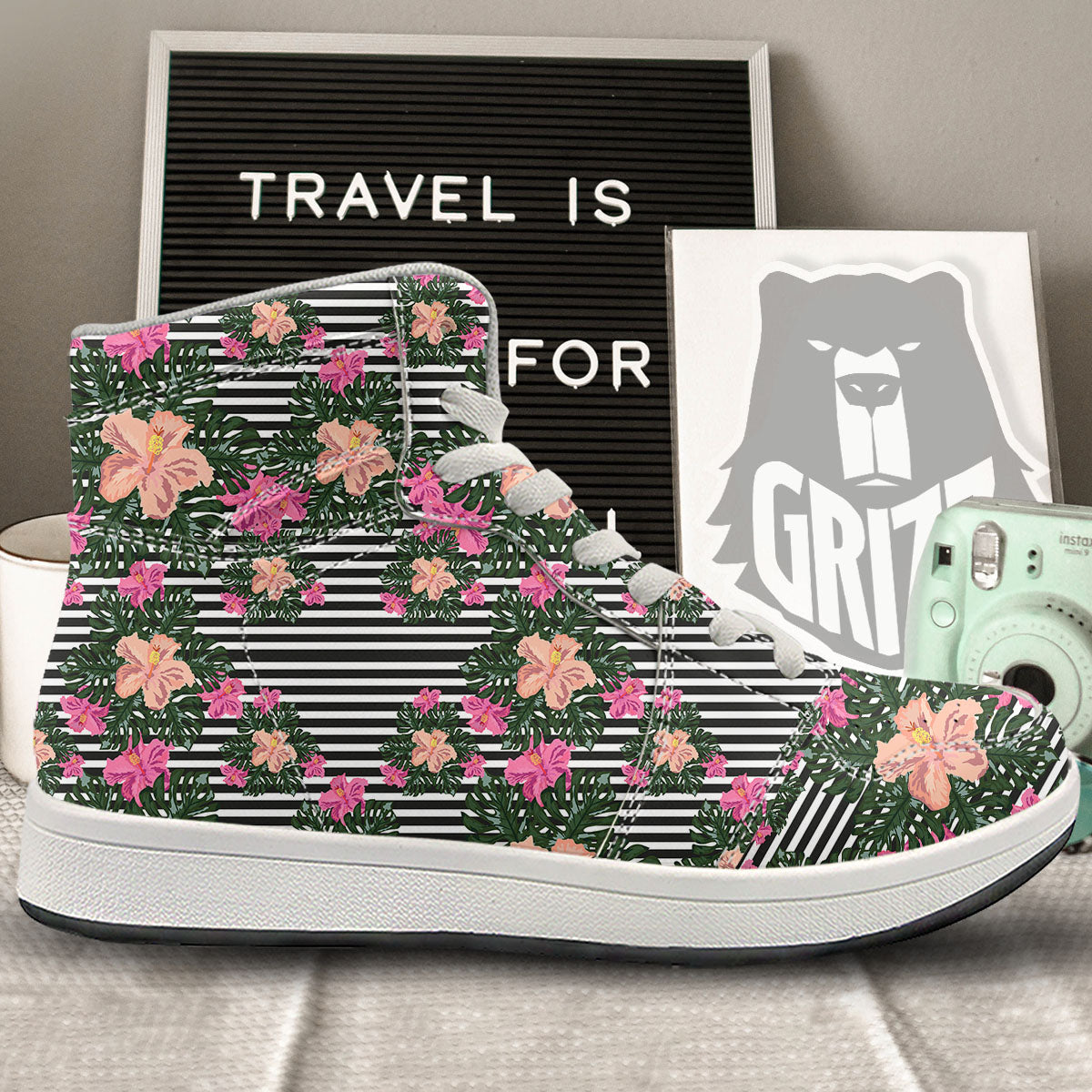 Striped Plumeria Flower Print Pattern High Top Sneakers-grizzshop