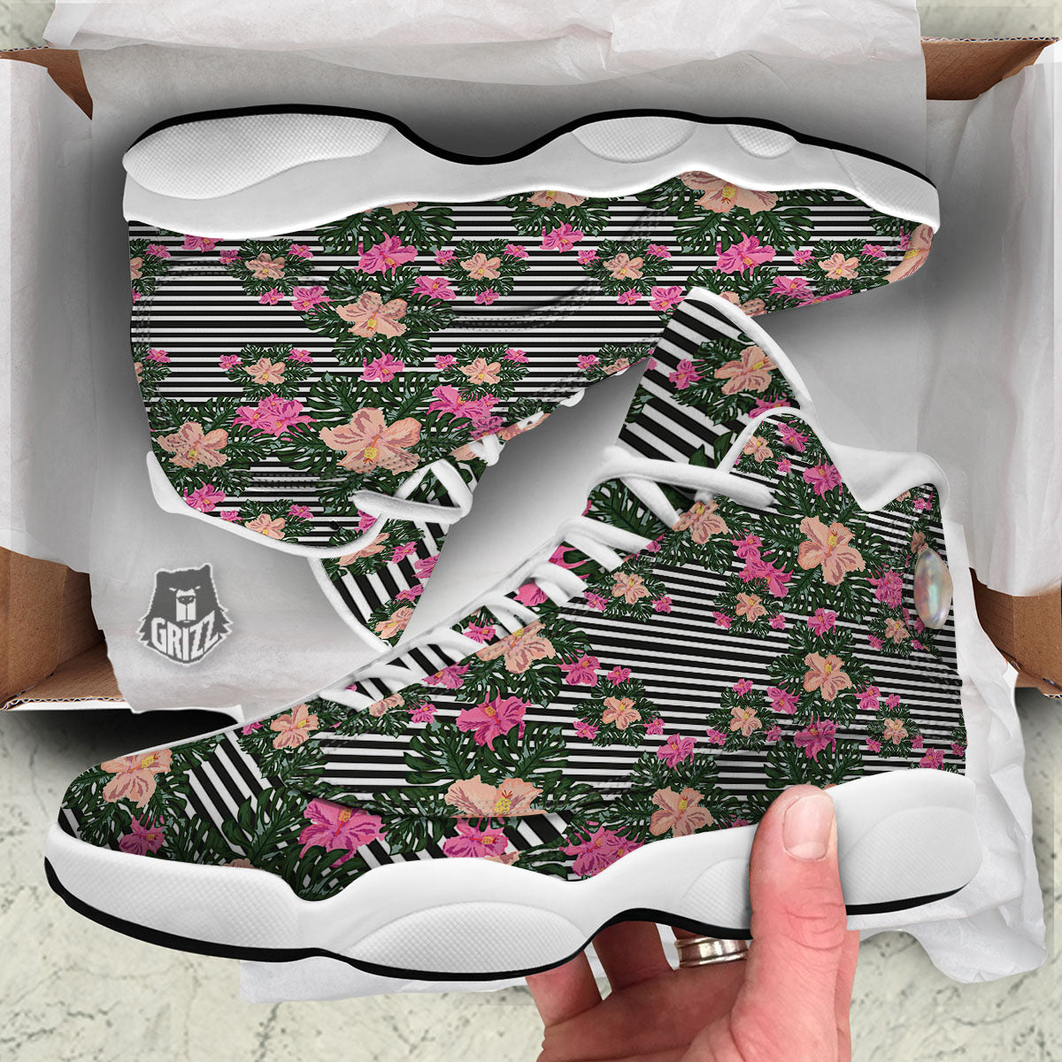 Striped Plumeria Flower Print Pattern White Basketball Shoes-grizzshop