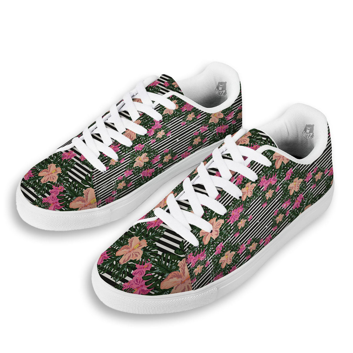 Striped Plumeria Flower Print Pattern White Low Top Sneakers-grizzshop
