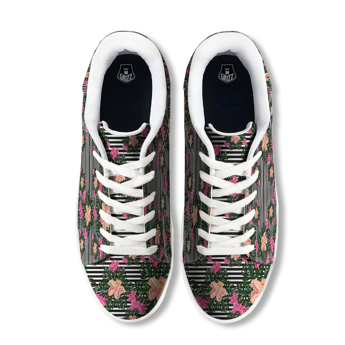 Striped Plumeria Flower Print Pattern White Low Top Sneakers-grizzshop
