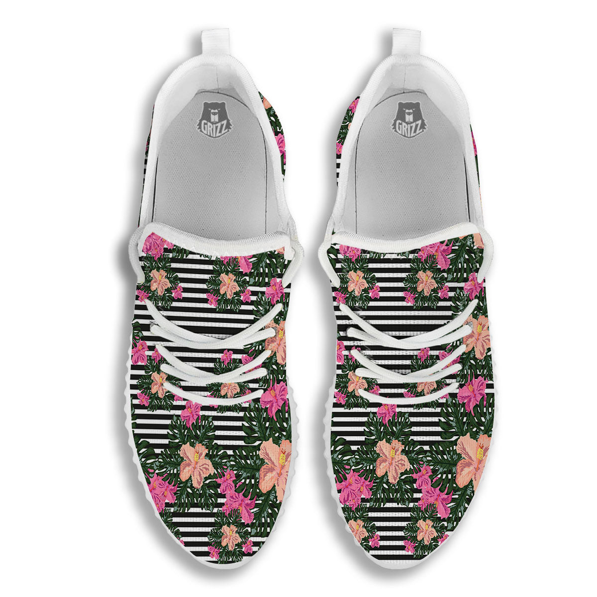 Striped Plumeria Flower Print Pattern White Walking Shoes-grizzshop