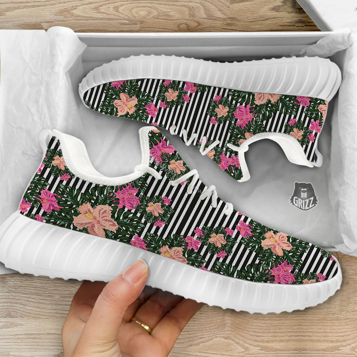 Striped Plumeria Flower Print Pattern White Walking Shoes-grizzshop