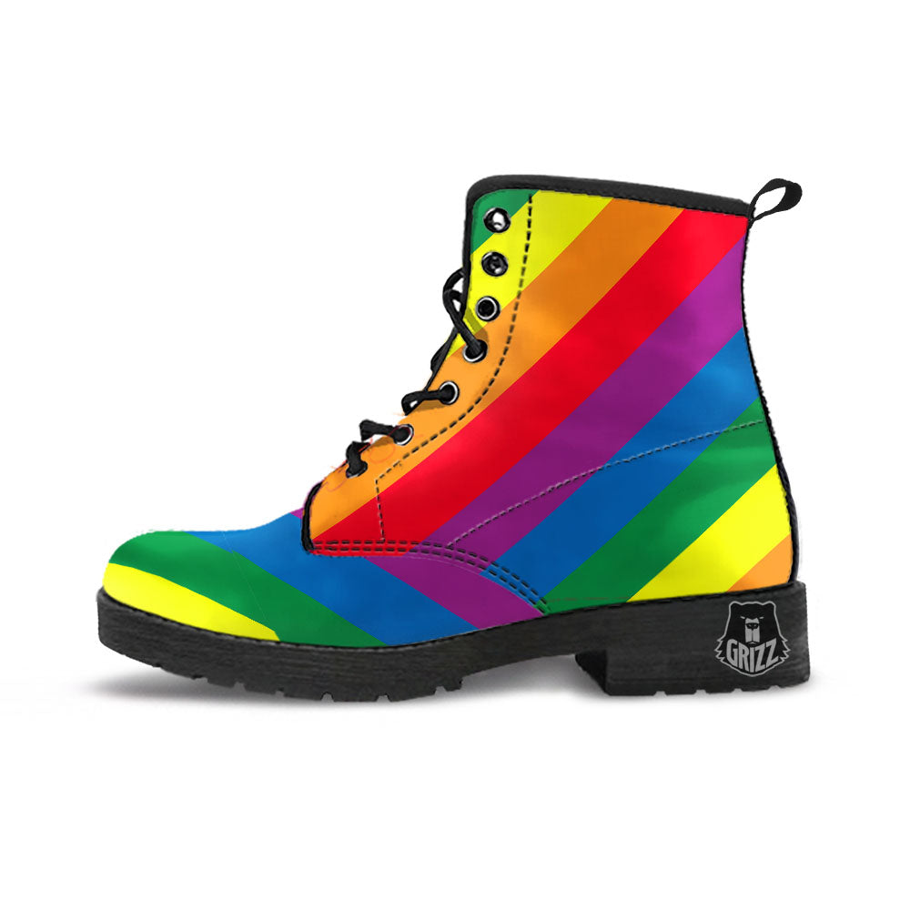 Striped Rainbow Diagonal Print Pattern Leather Boots-grizzshop