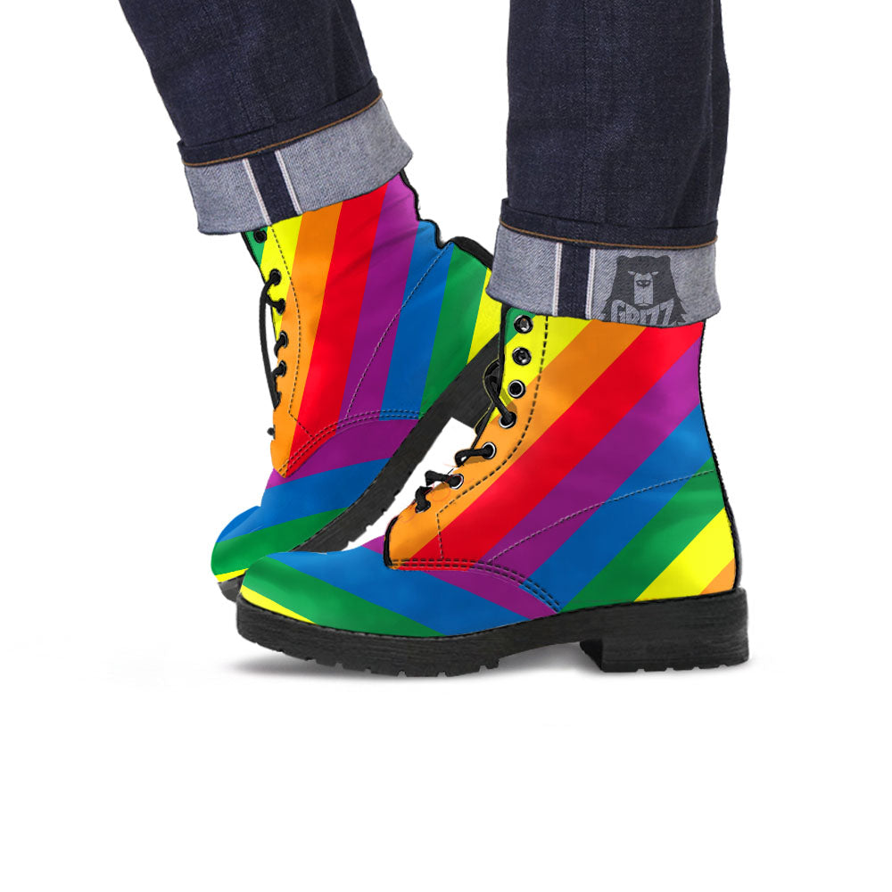Striped Rainbow Diagonal Print Pattern Leather Boots-grizzshop