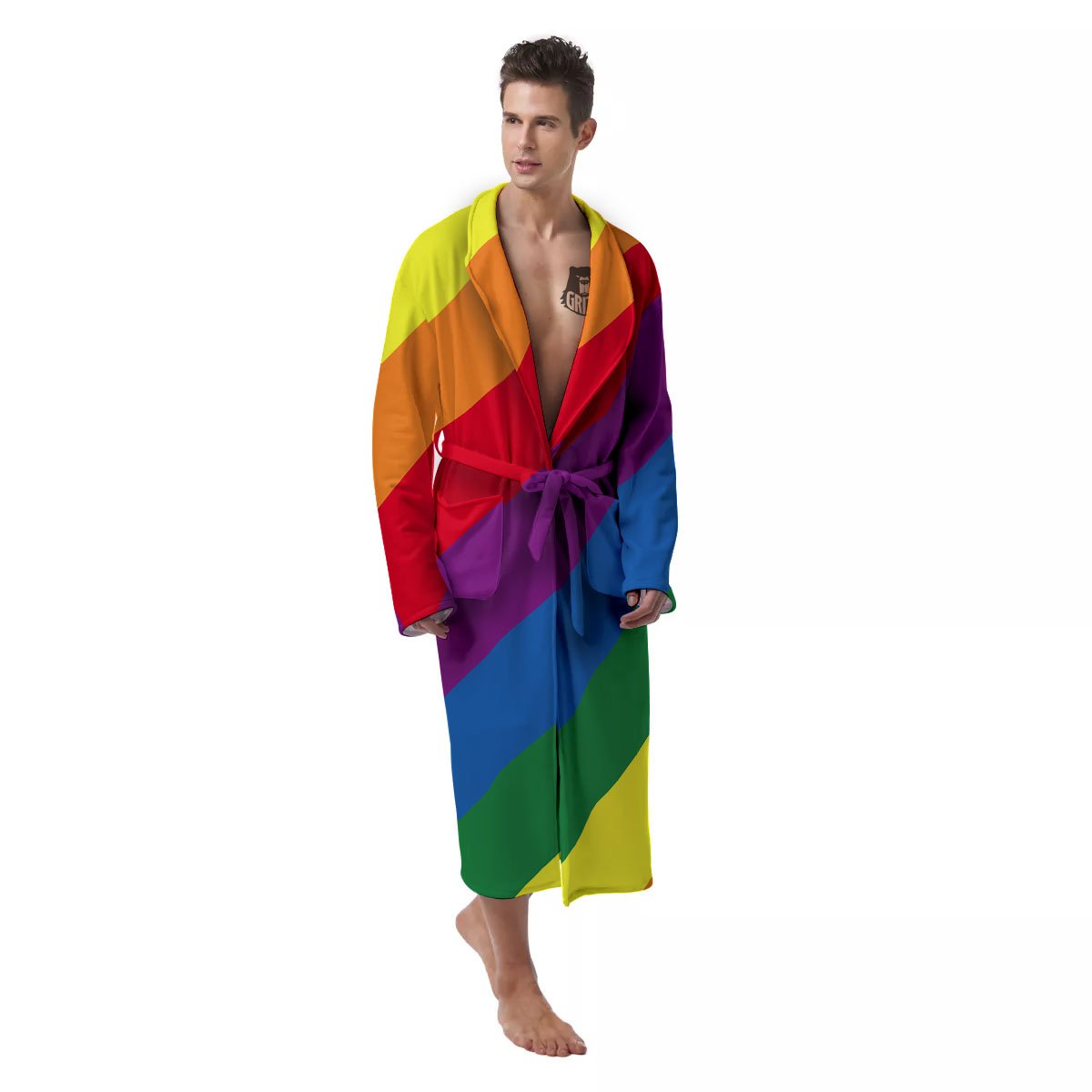 Striped Rainbow Diagonal Print Pattern Men's Robe-grizzshop