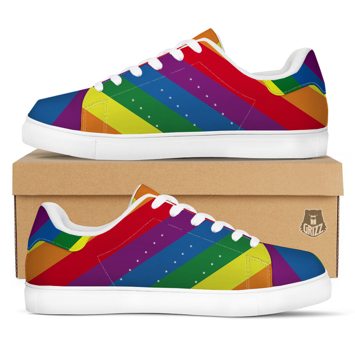 Striped Rainbow Diagonal Print Pattern White Low Top Sneakers-grizzshop