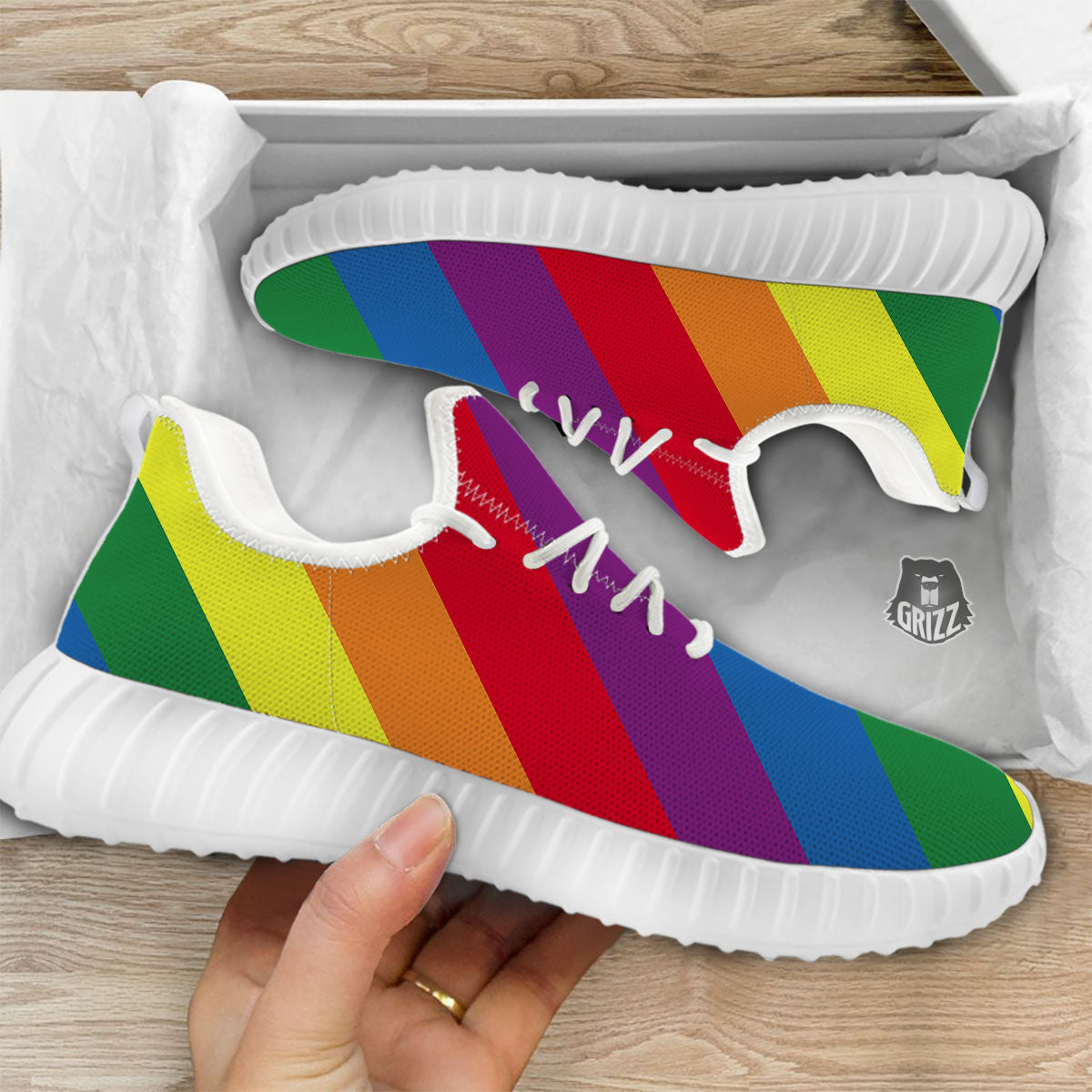Striped Rainbow Diagonal Print Pattern White Walking Shoes-grizzshop