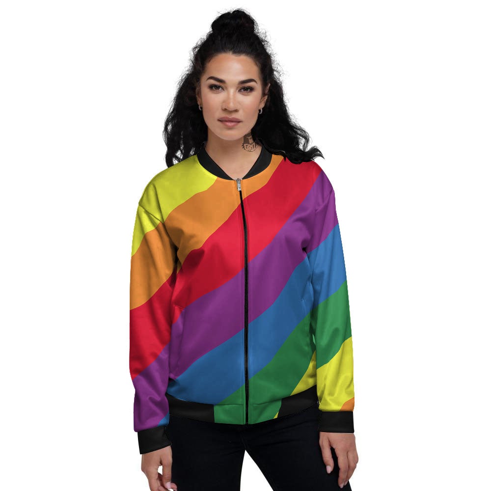 Striped Rainbow Diagonal Print Pattern Women's Bomber Jacket-grizzshop