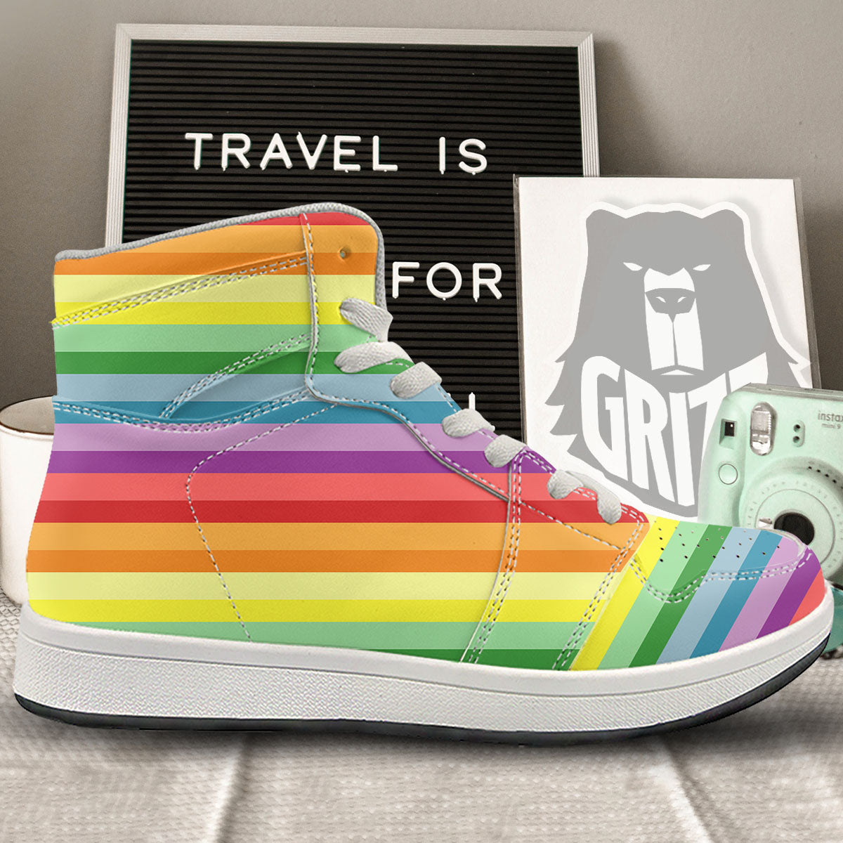 Striped Rainbow Print Pattern High Top Sneakers-grizzshop