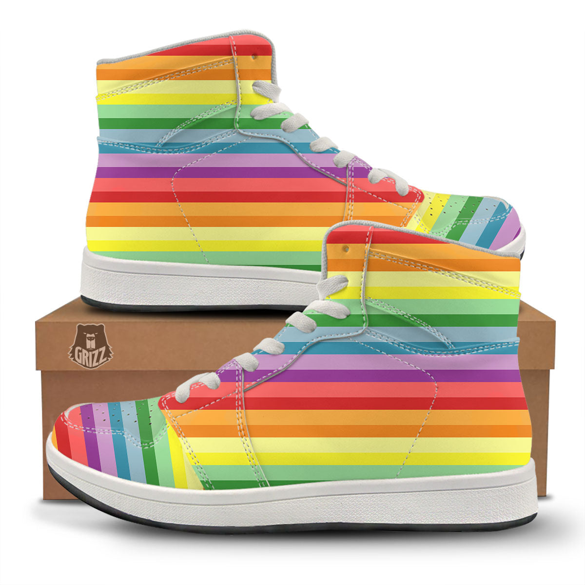 Striped Rainbow Print Pattern High Top Sneakers-grizzshop