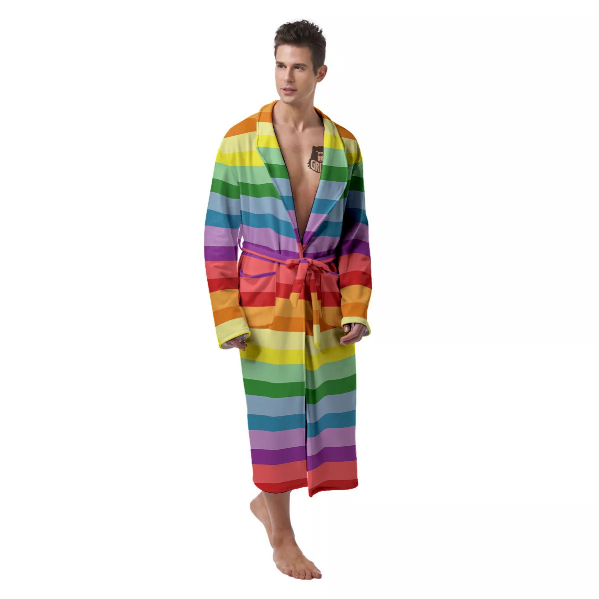 Striped Rainbow Print Pattern Men's Robe-grizzshop