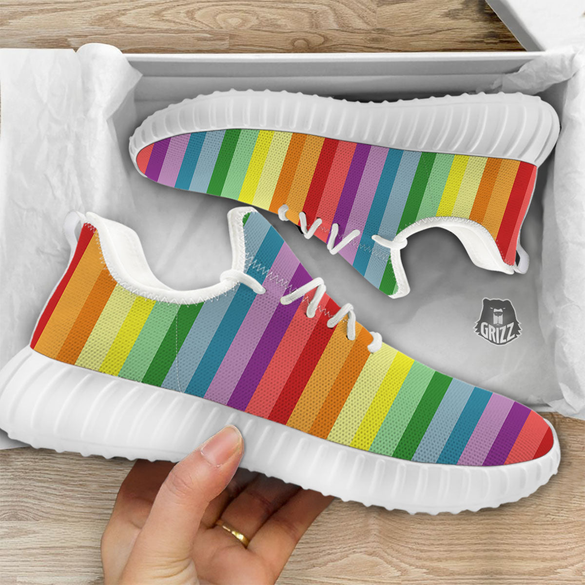 Striped Rainbow Print Pattern White Walking Shoes-grizzshop