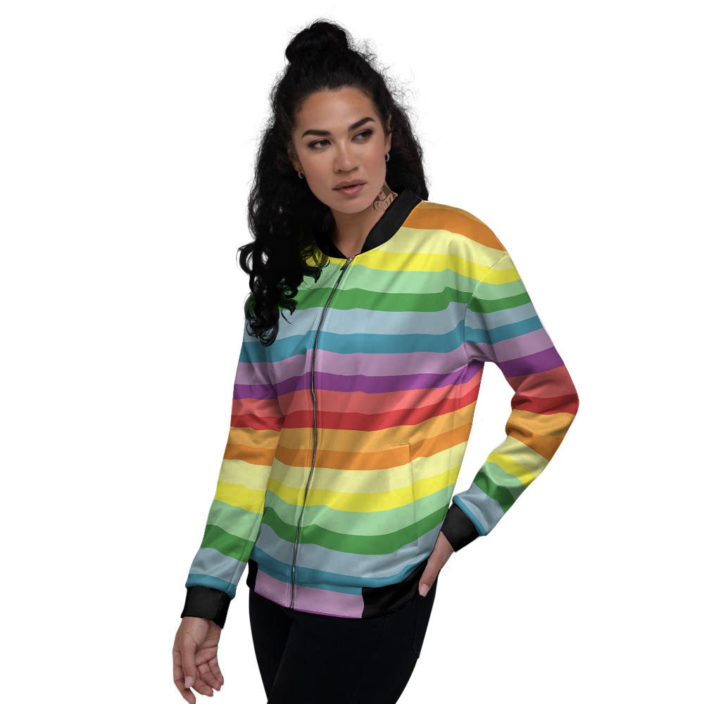 Striped Rainbow Print Pattern Women's Bomber Jacket-grizzshop