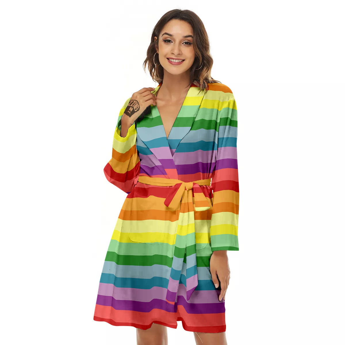 Striped Rainbow Print Pattern Women's Robe-grizzshop