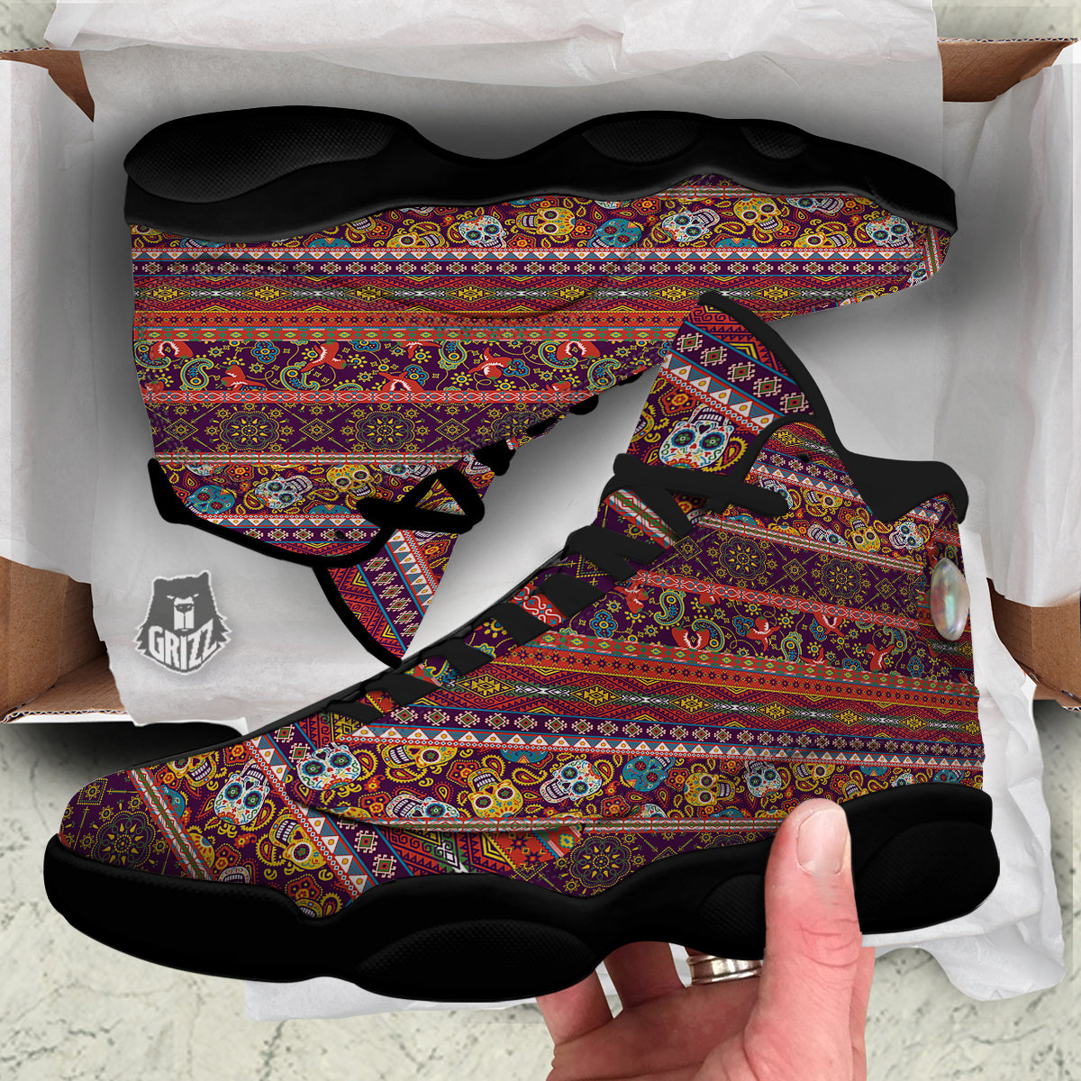 Striped Skull Mexican Style Print Pattern Black Basketball Shoes-grizzshop