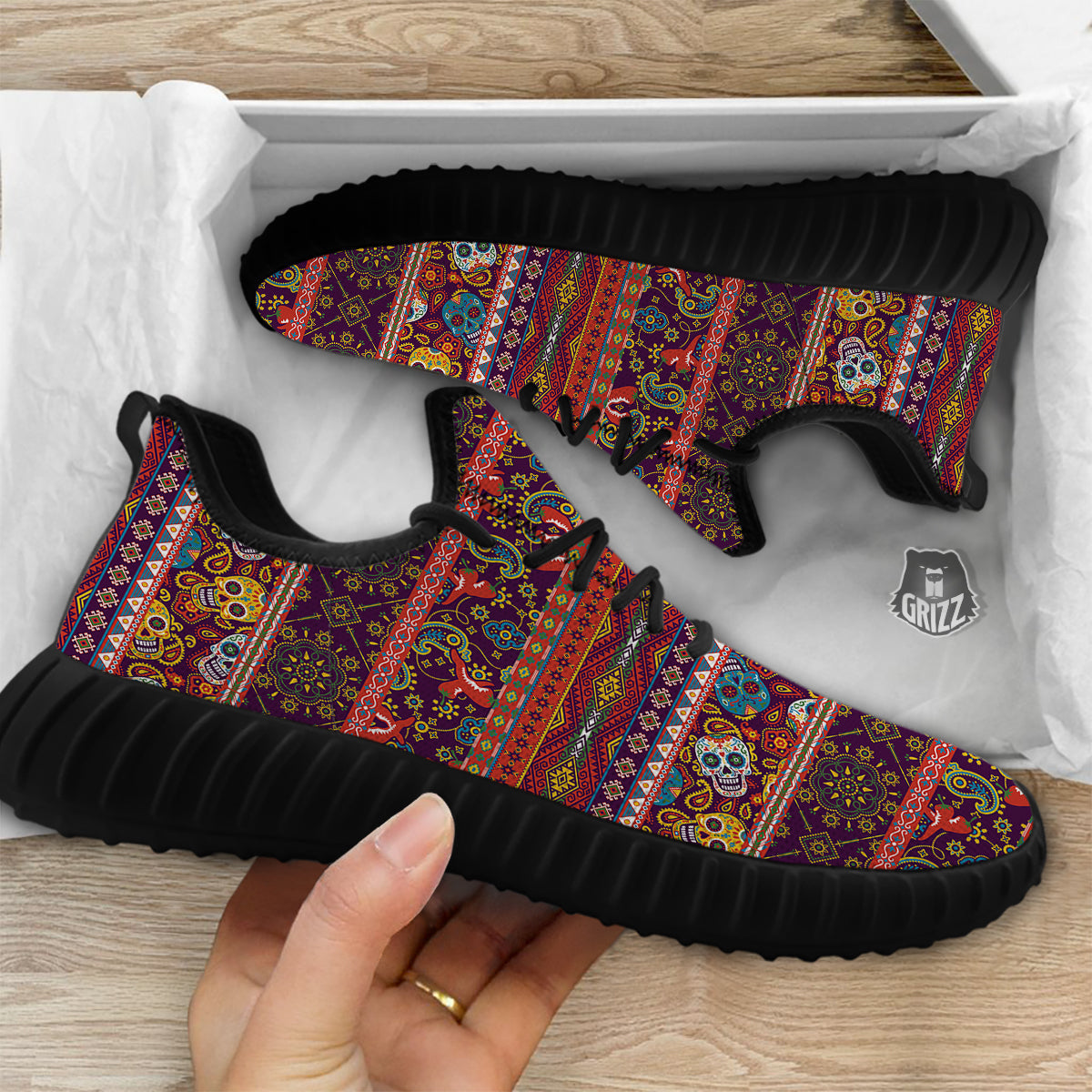 Striped Skull Mexican Style Print Pattern Black Walking Shoes-grizzshop