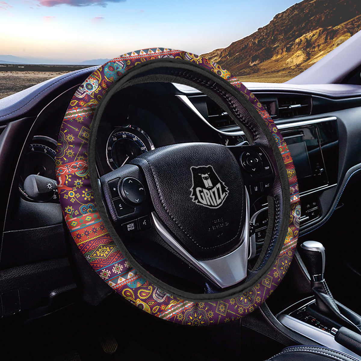 Striped Skull Mexican Style Print Pattern Car Steering Wheel Cover-grizzshop
