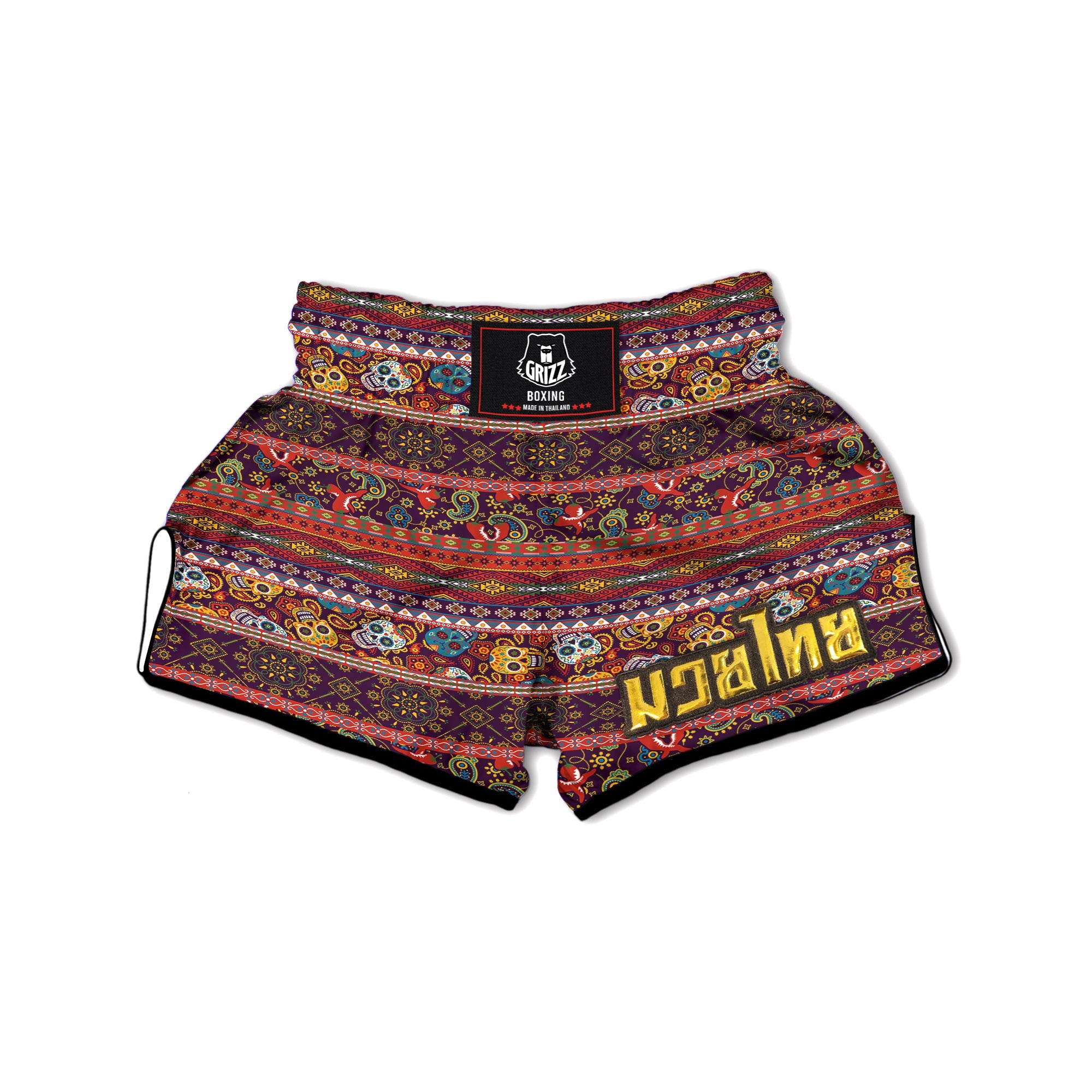Striped Skull Mexican Style Print Pattern Muay Thai Boxing Shorts-grizzshop