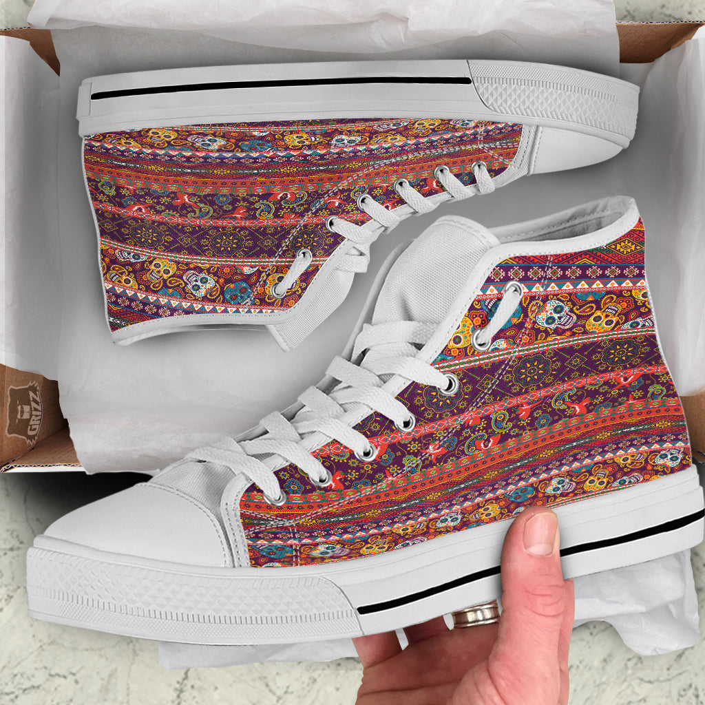 Striped Skull Mexican Style Print Pattern White High Top Shoes-grizzshop