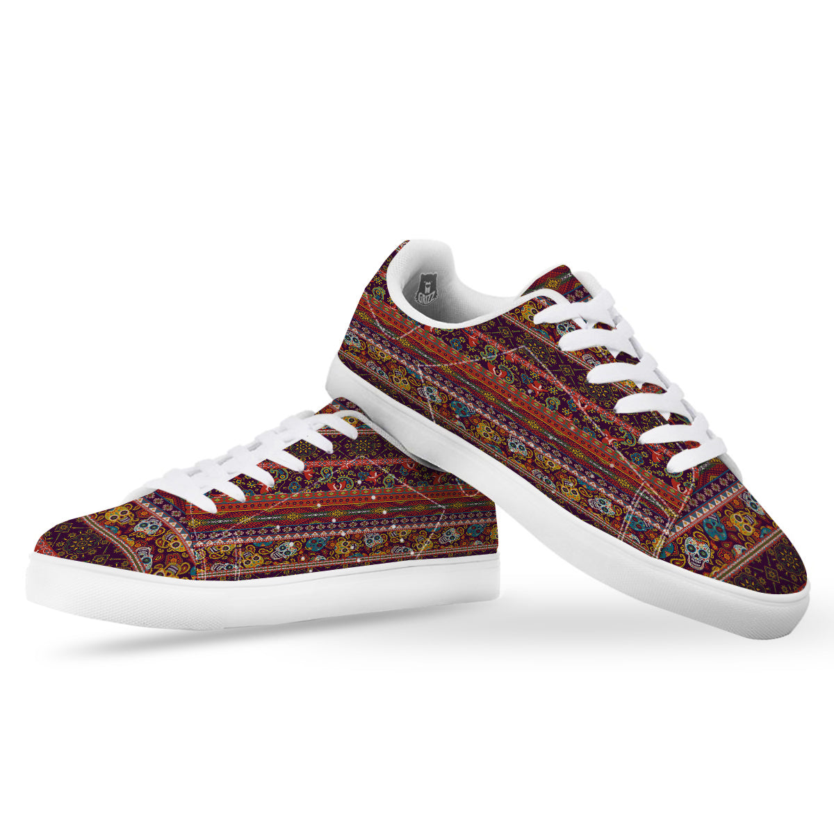 Striped Skull Mexican Style Print Pattern White Low Top Sneakers-grizzshop
