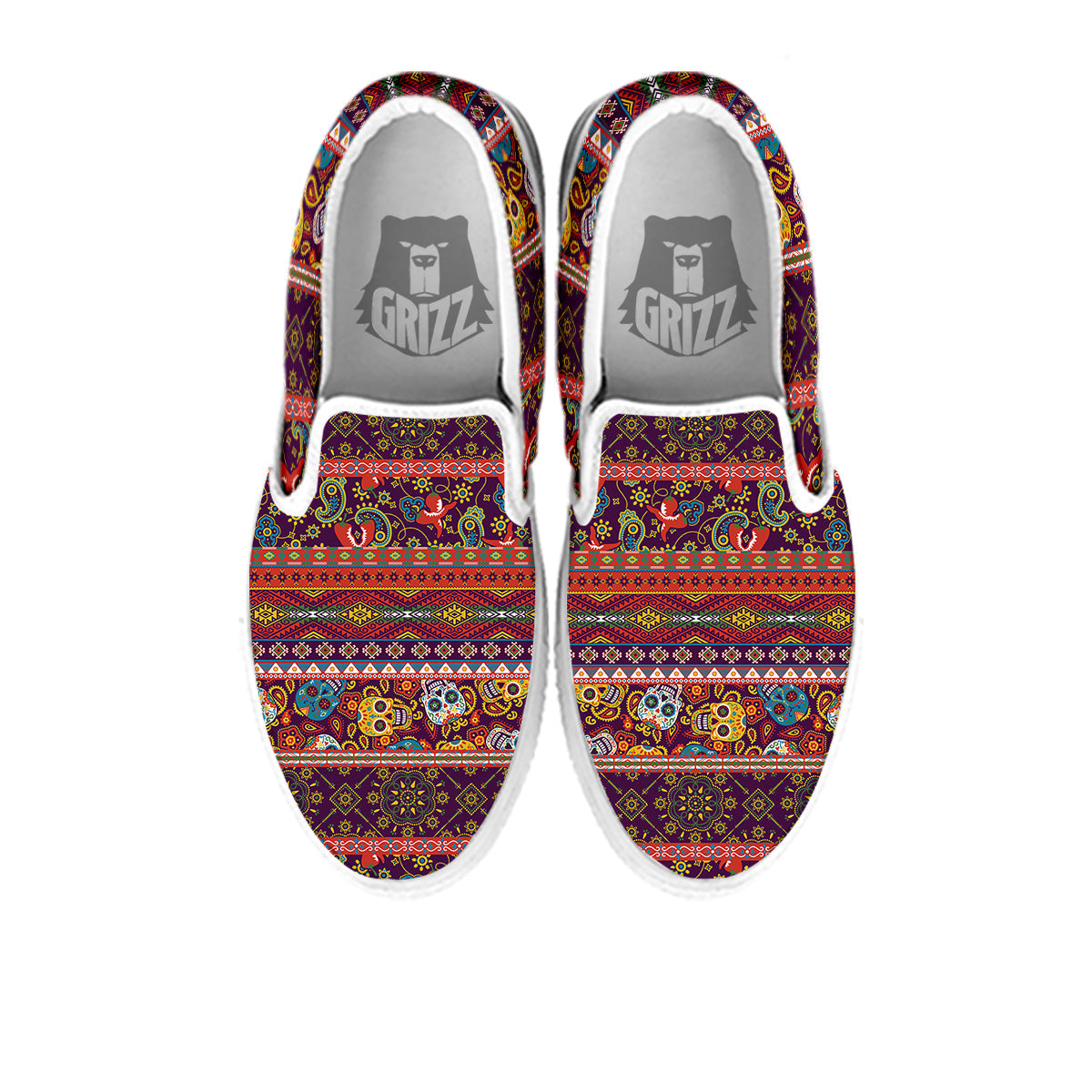 Striped Skull Mexican Style Print Pattern White Slip On Shoes-grizzshop