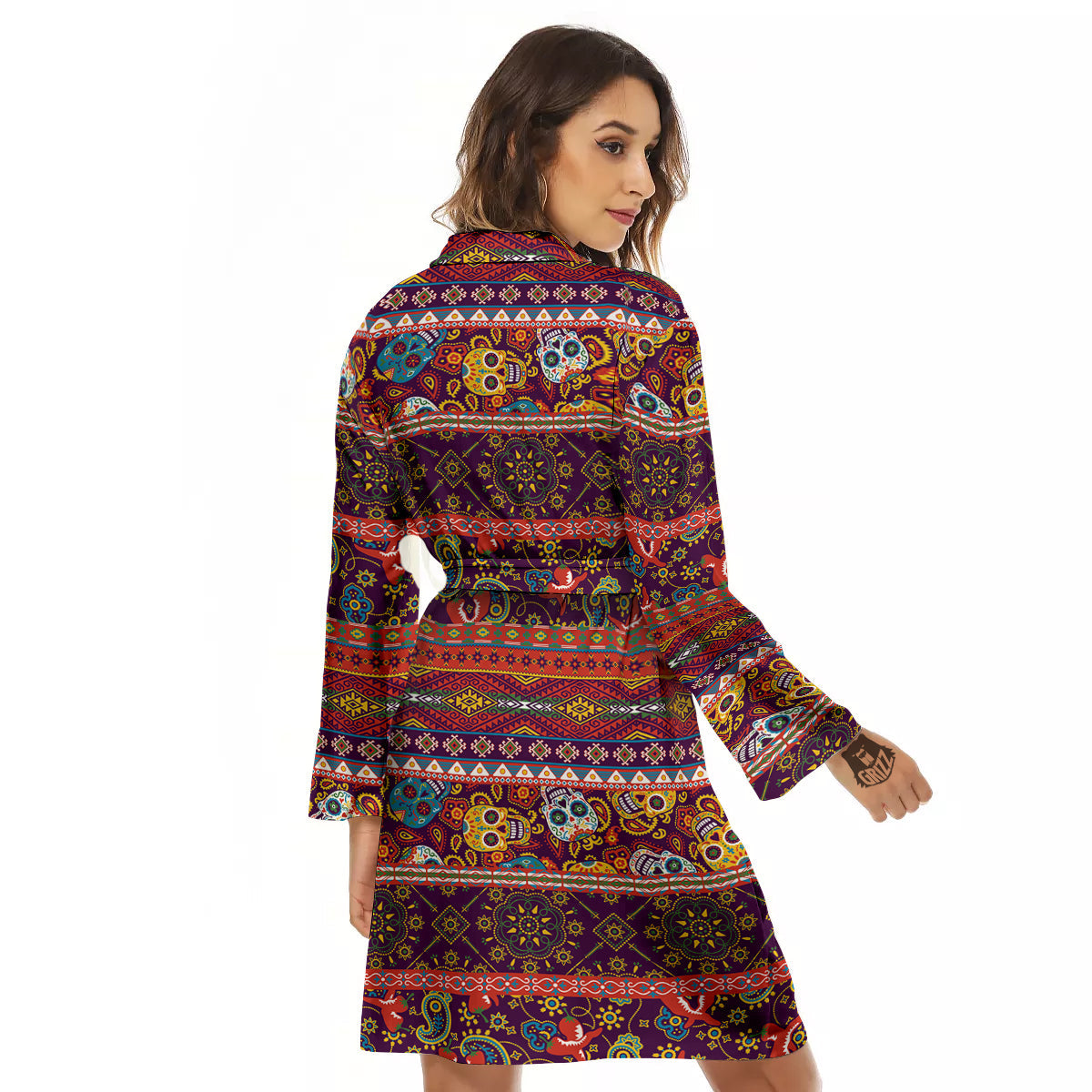 Striped Skull Mexican Style Print Pattern Women's Robe-grizzshop