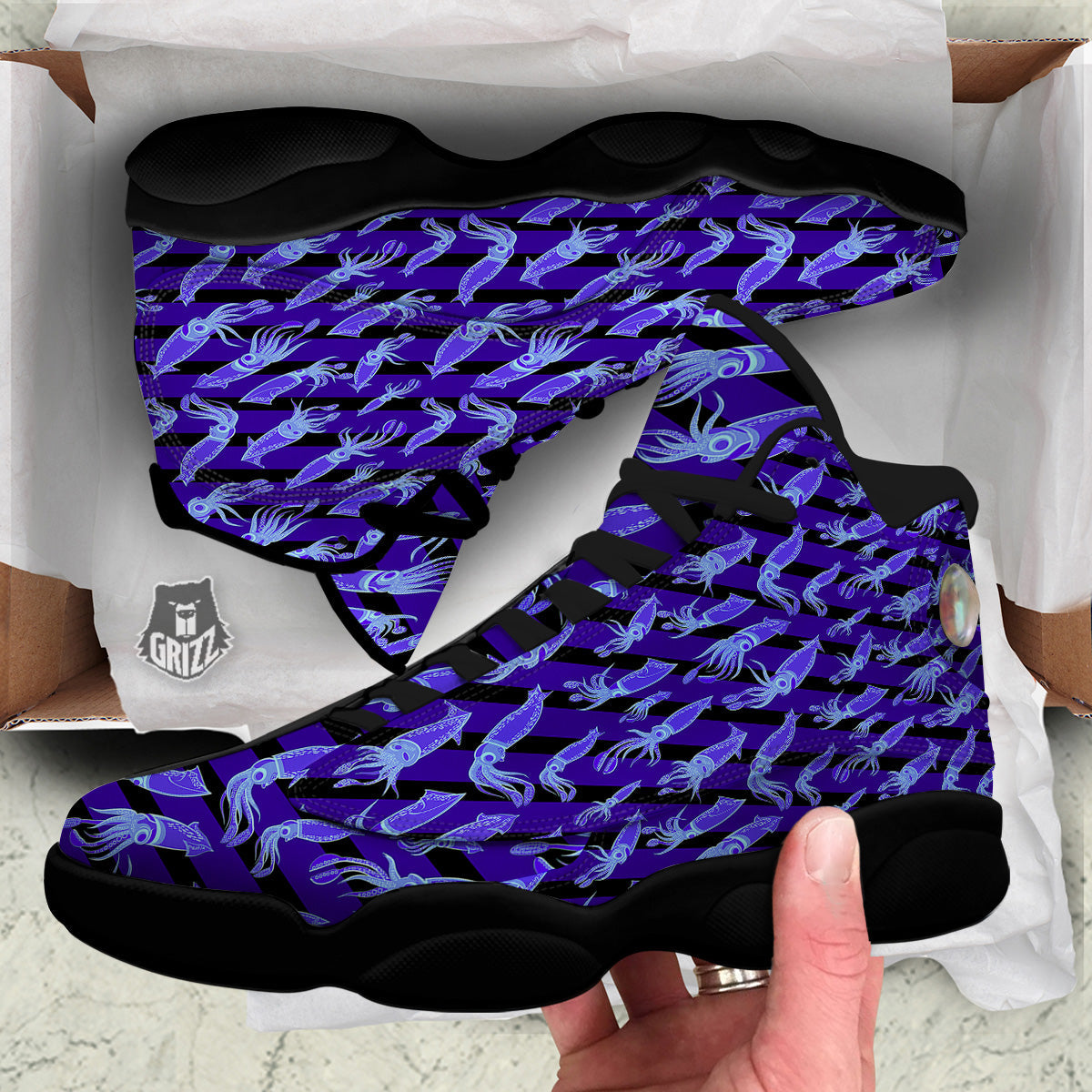 Striped Squid Print Pattern Black Basketball Shoes-grizzshop