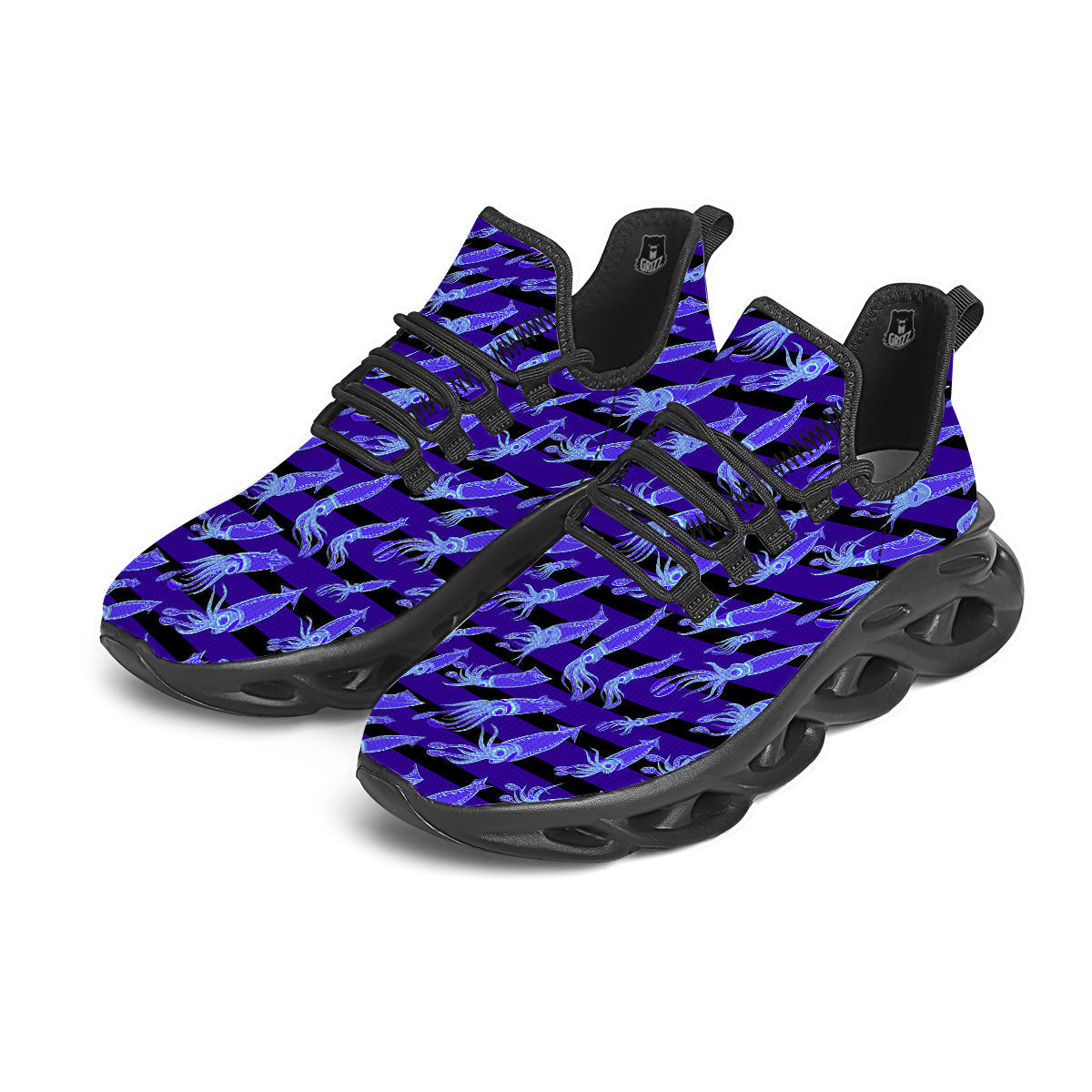 Striped Squid Print Pattern Black Running Shoes-grizzshop