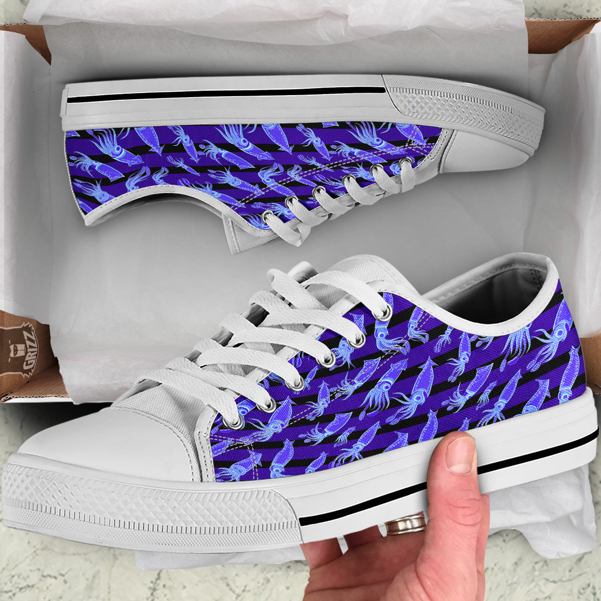 Striped Squid Print Pattern White Low Top Shoes-grizzshop