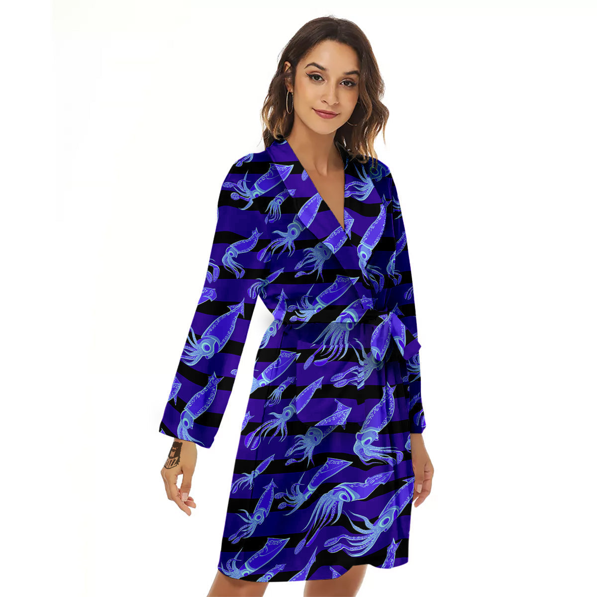 Striped Squid Print Pattern Women's Robe-grizzshop