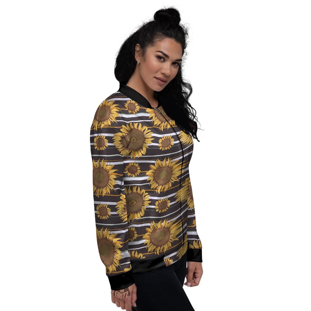 Striped Sunflower Print Pattern Women's Bomber Jacket-grizzshop