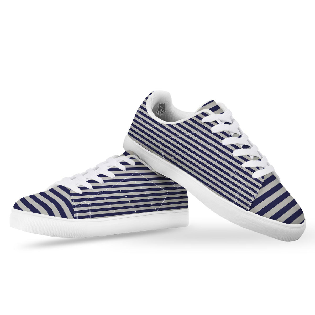 Striped White And Navy Print Pattern White Low Top Sneakers-grizzshop