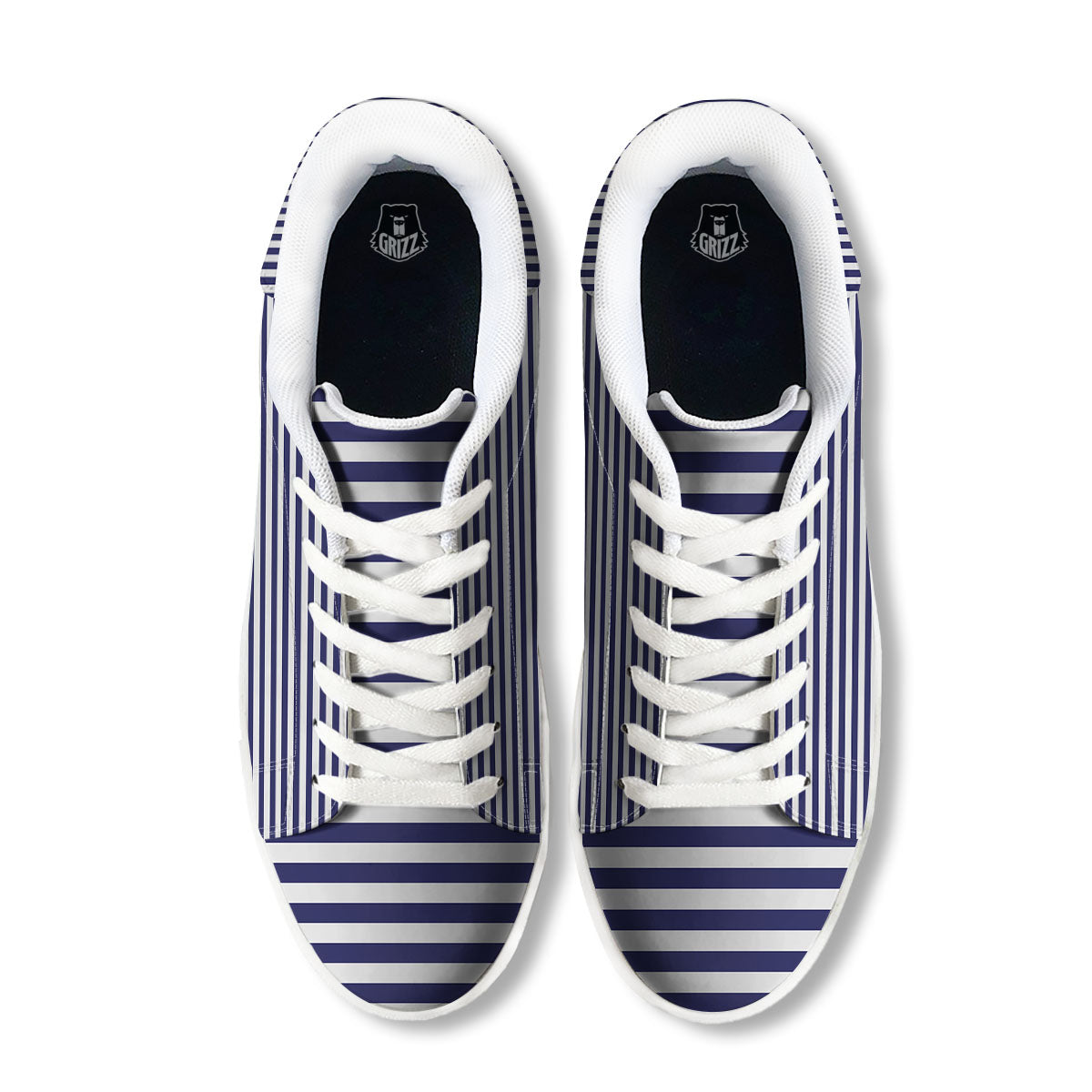 Striped White And Navy Print Pattern White Low Top Sneakers-grizzshop