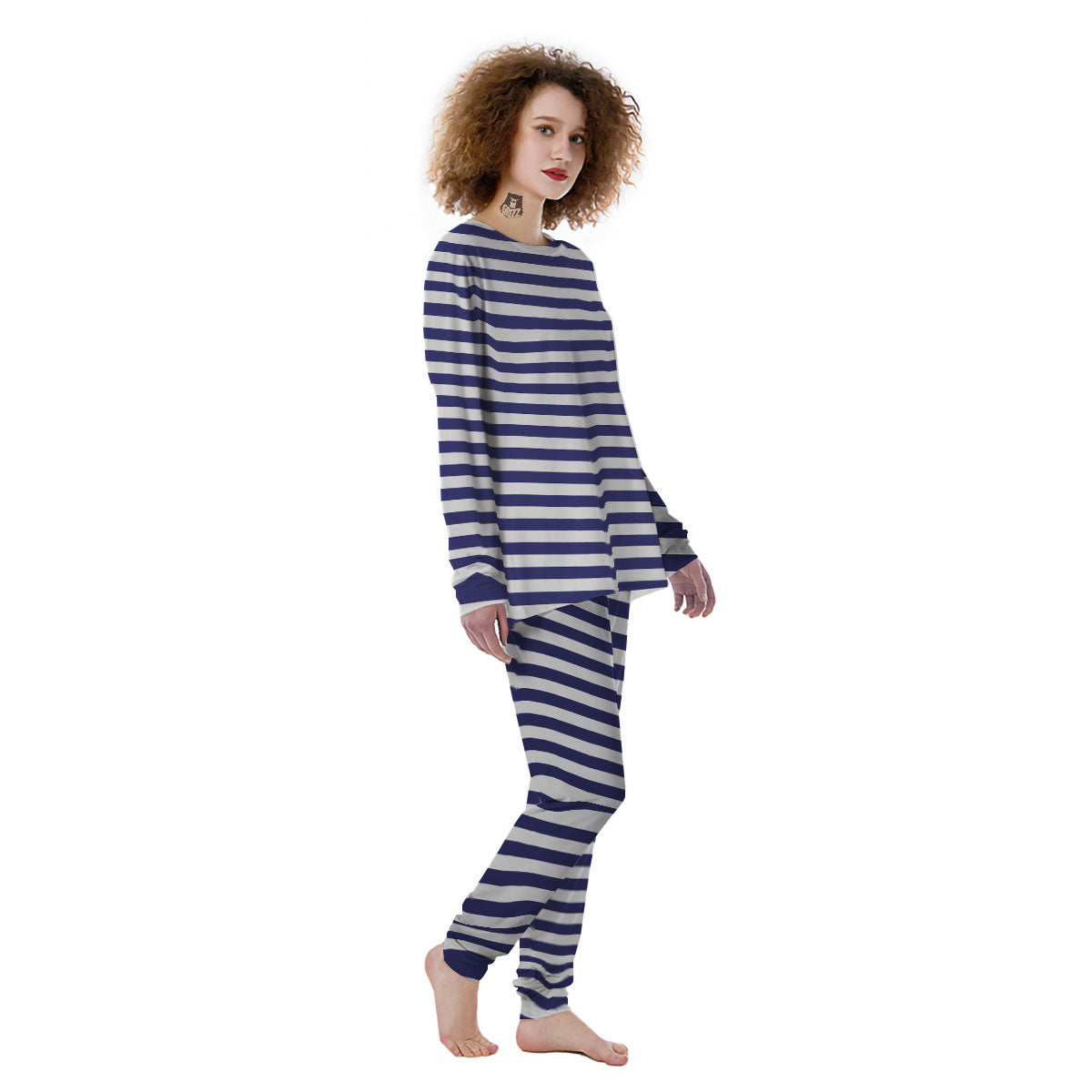 Striped White And Navy Print Pattern Women's Pajamas-grizzshop