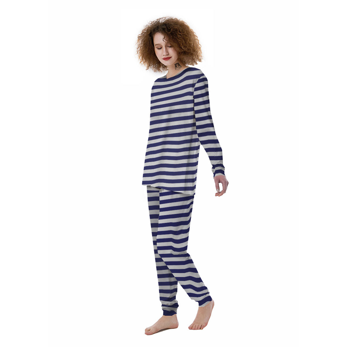 Striped White And Navy Print Pattern Women's Pajamas-grizzshop