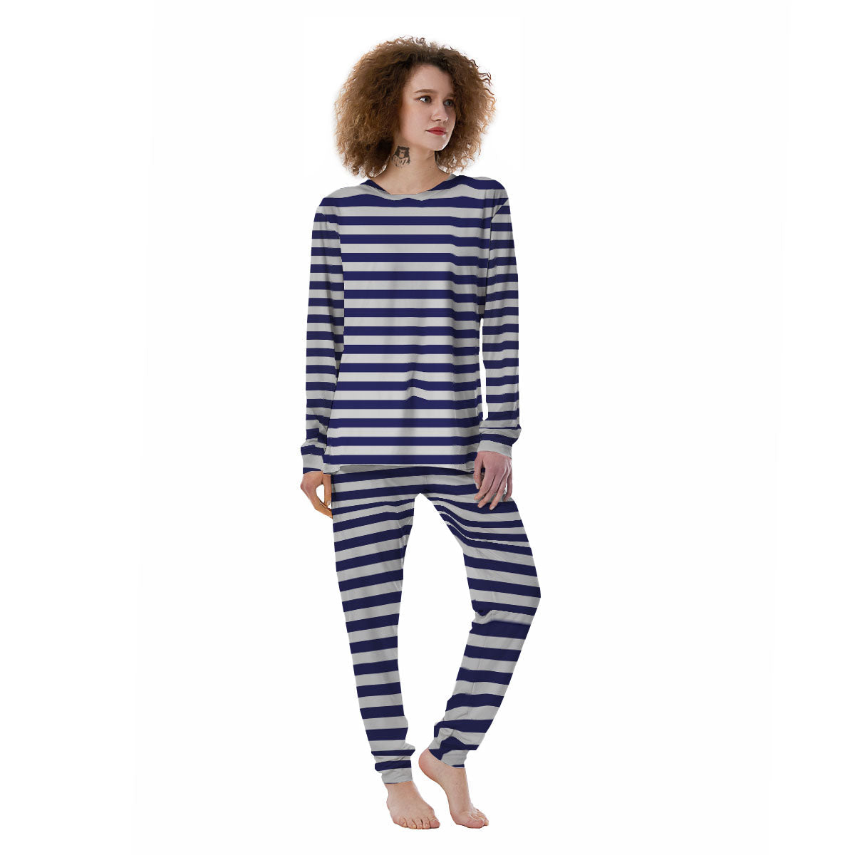 Striped White And Navy Print Pattern Women's Pajamas-grizzshop