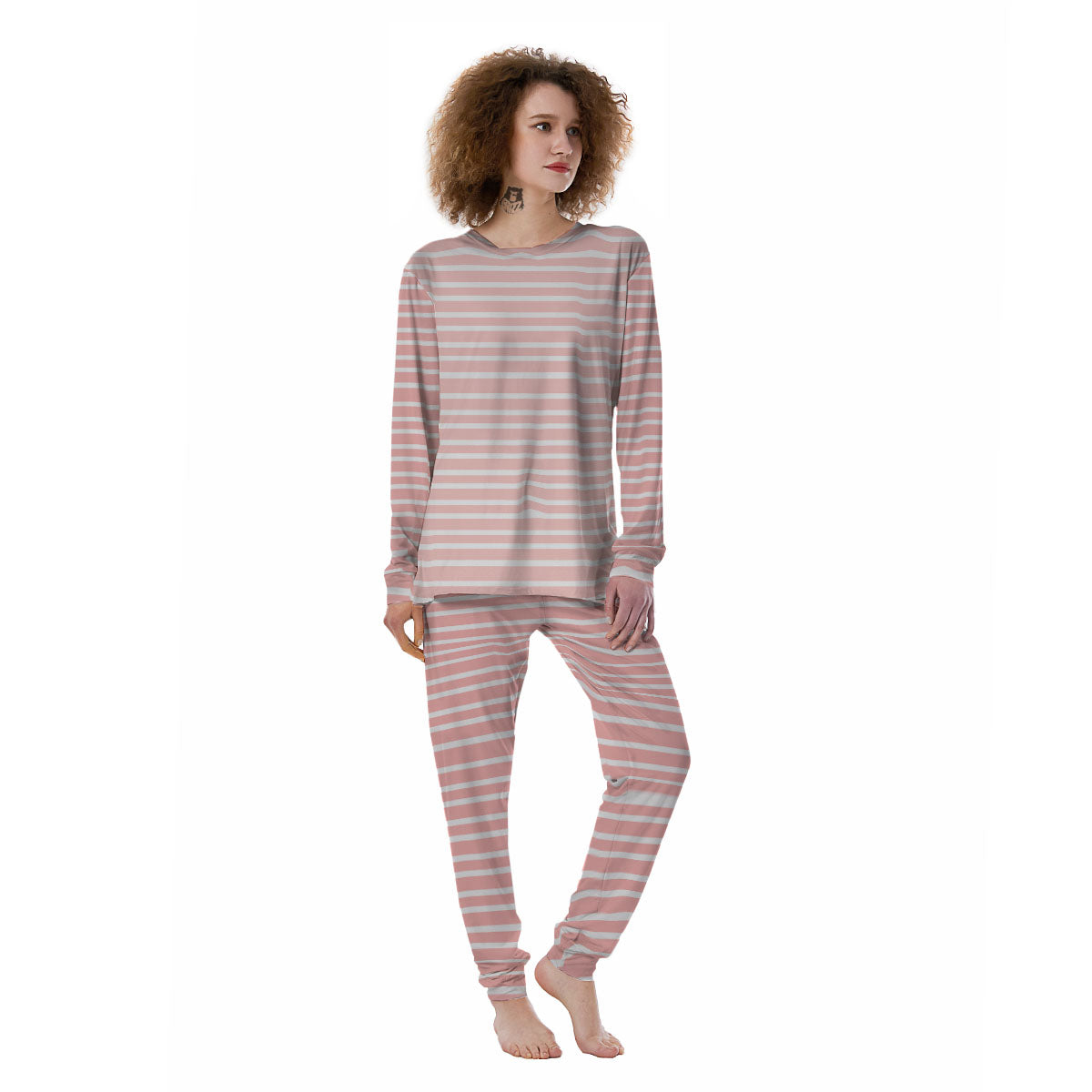 Striped White And Pink Print Pattern Women's Pajamas-grizzshop