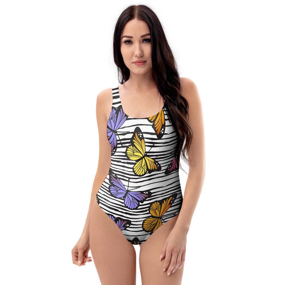 Striped Butterfly Print One Piece Swimsuite-grizzshop