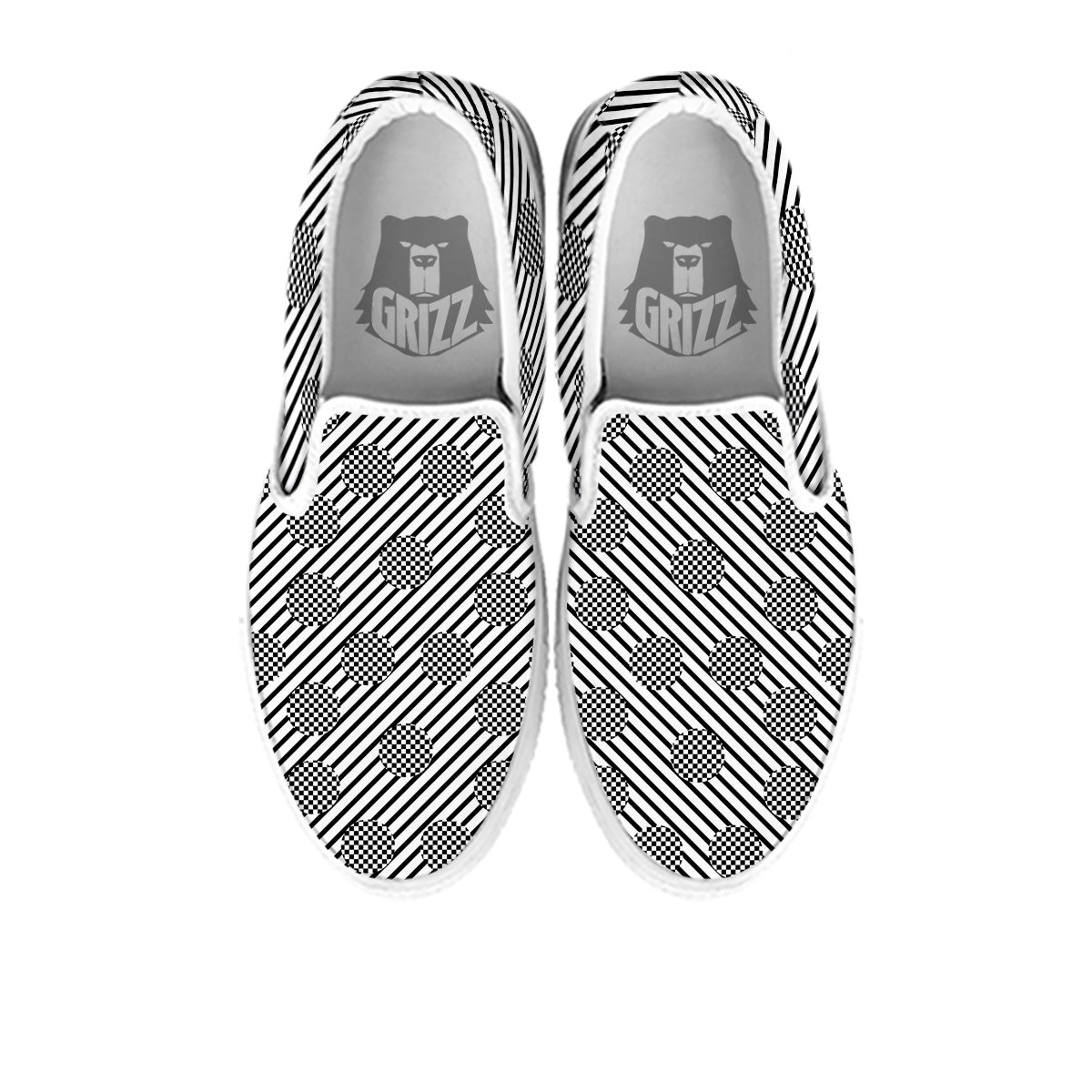 Stripes And Checkered Polka Dots Print Pattern White Slip On Shoes-grizzshop