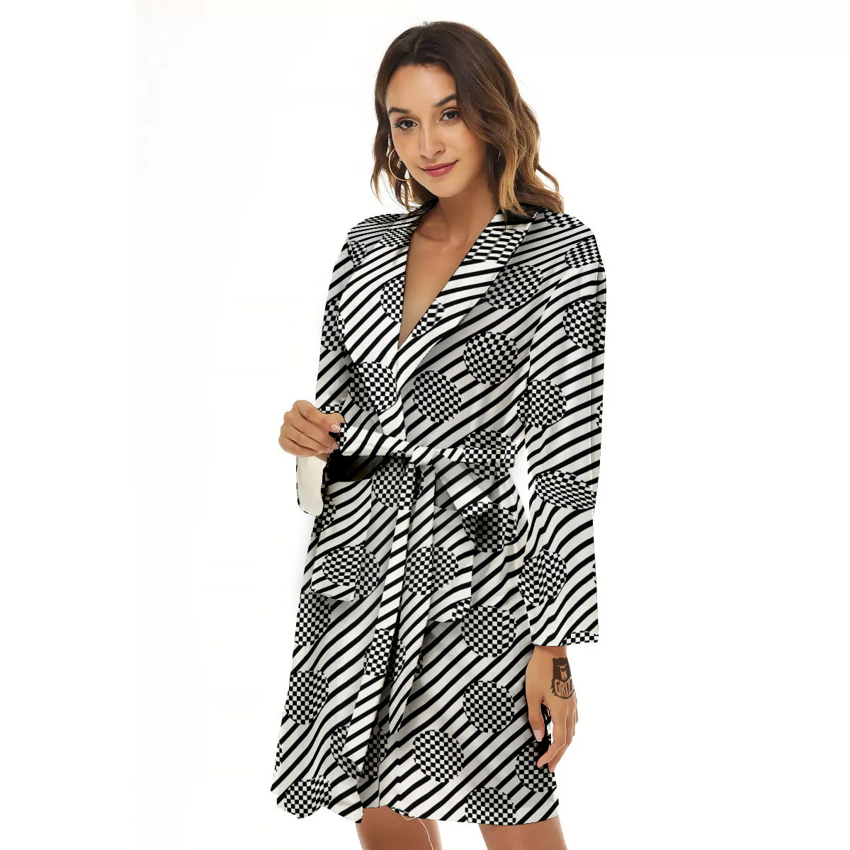 Stripes And Checkered Polka Dots Print Pattern Women's Robe-grizzshop