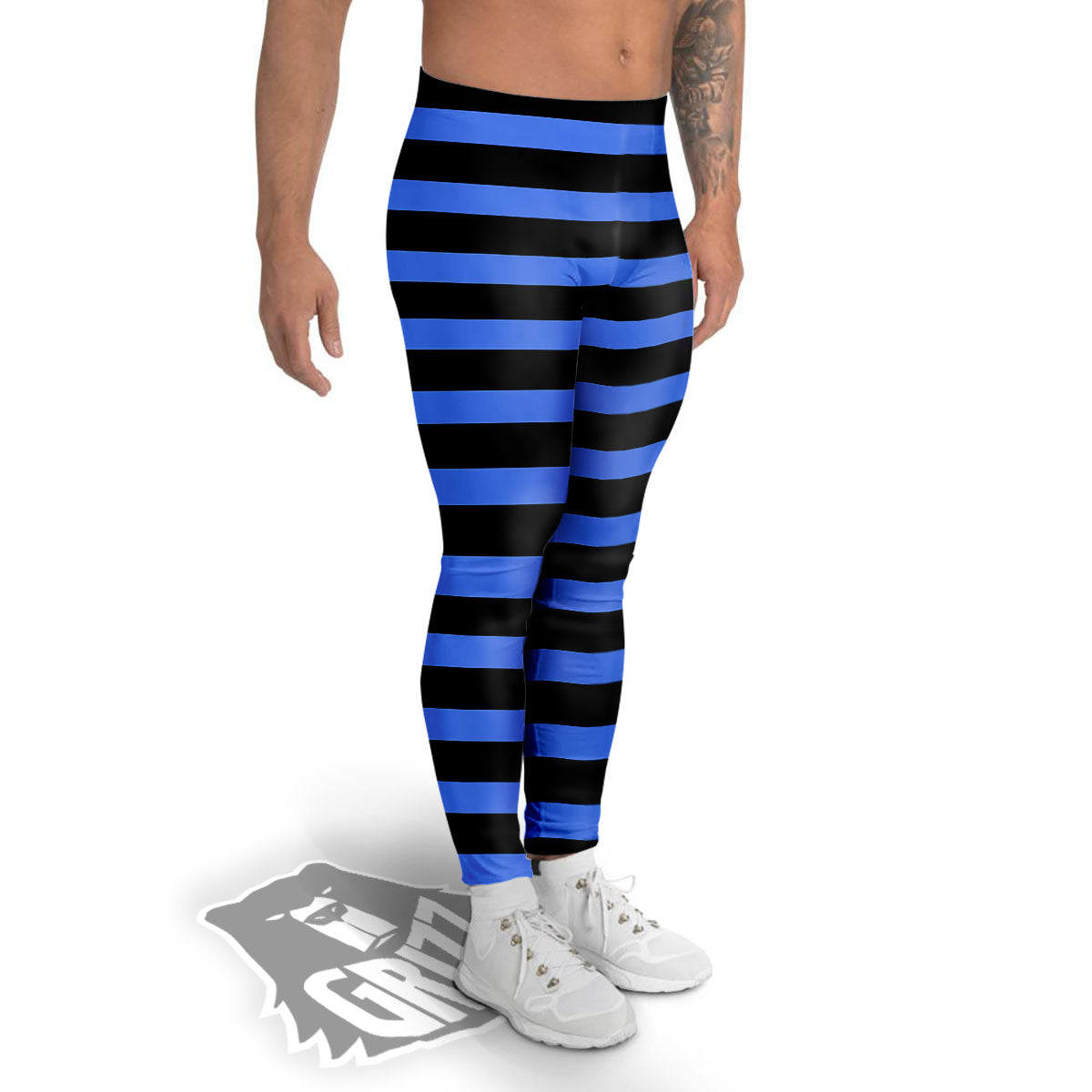Stripes Black And Blue Print Pattern Men's Leggings-grizzshop