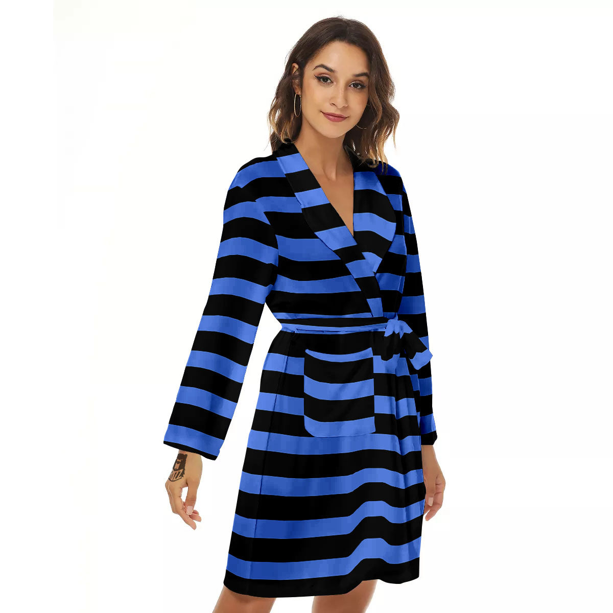 Stripes Black And Blue Print Pattern Women's Robe-grizzshop